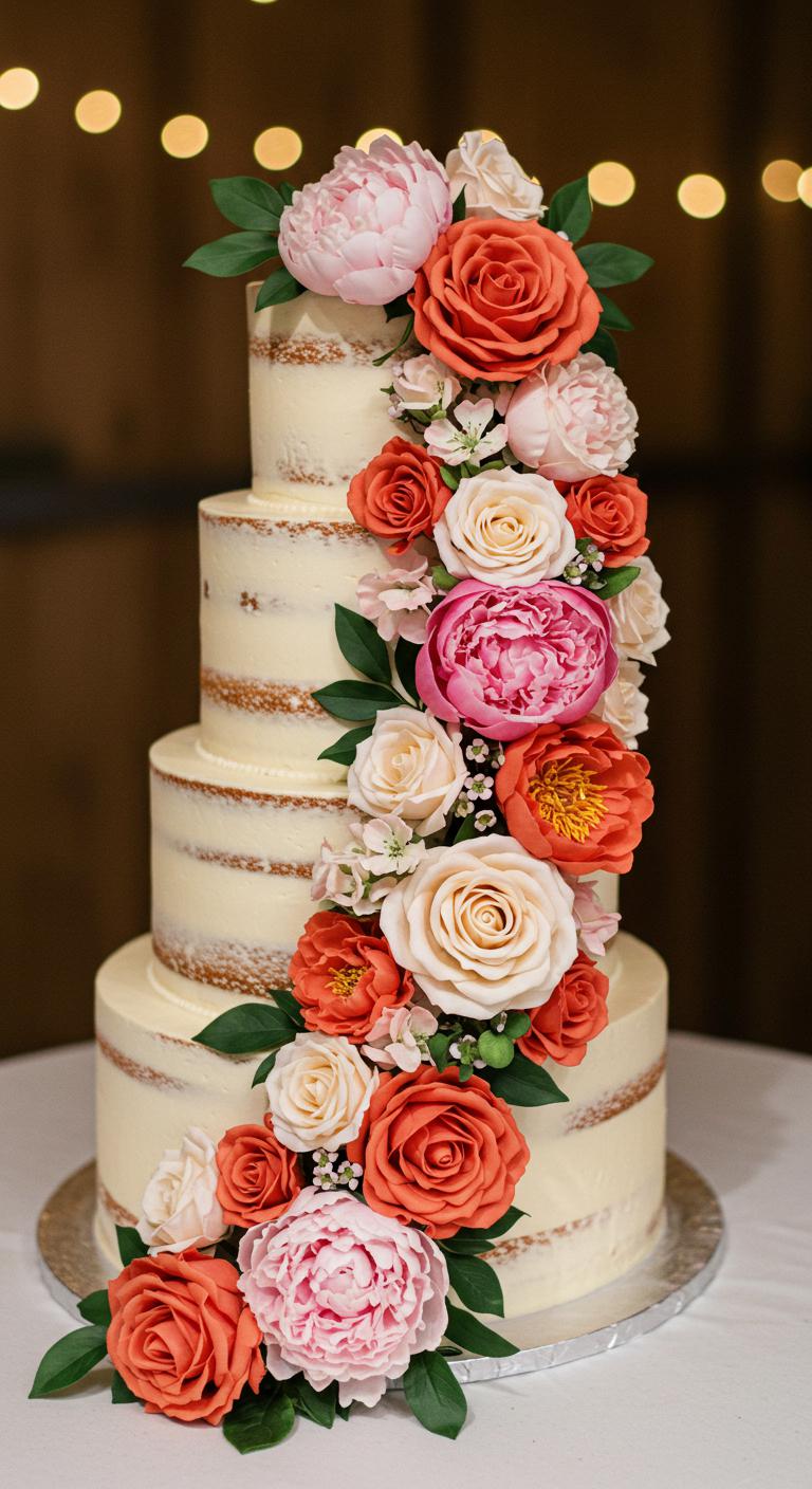 A beautifully decorated **wedding cake** featuring a vibrant **floral cascade** made up of peonies, roses, and greenery. The cake has a stunning waterfall effect with blooms intricately arranged in various sizes and shapes, designed to elevate a **rustic celebration**. The setting is adorned with soft lighting to enhance the elegance of the scene.