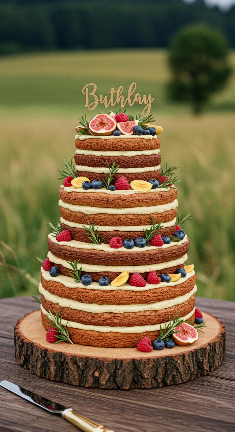 A beautifully crafted **rustic wooden tier cake** adorned with **natural textures** and **earthy tones**, set against a **serene countryside** backdrop. The cake features layers that highlight the charm of pastoral elegance, with fresh ingredients and a whimsical design that enhances the rustic appeal. The scene evokes a sense of **celebration and tranquility**, inviting the viewer to experience the **rustic charm** of this delightful cake.