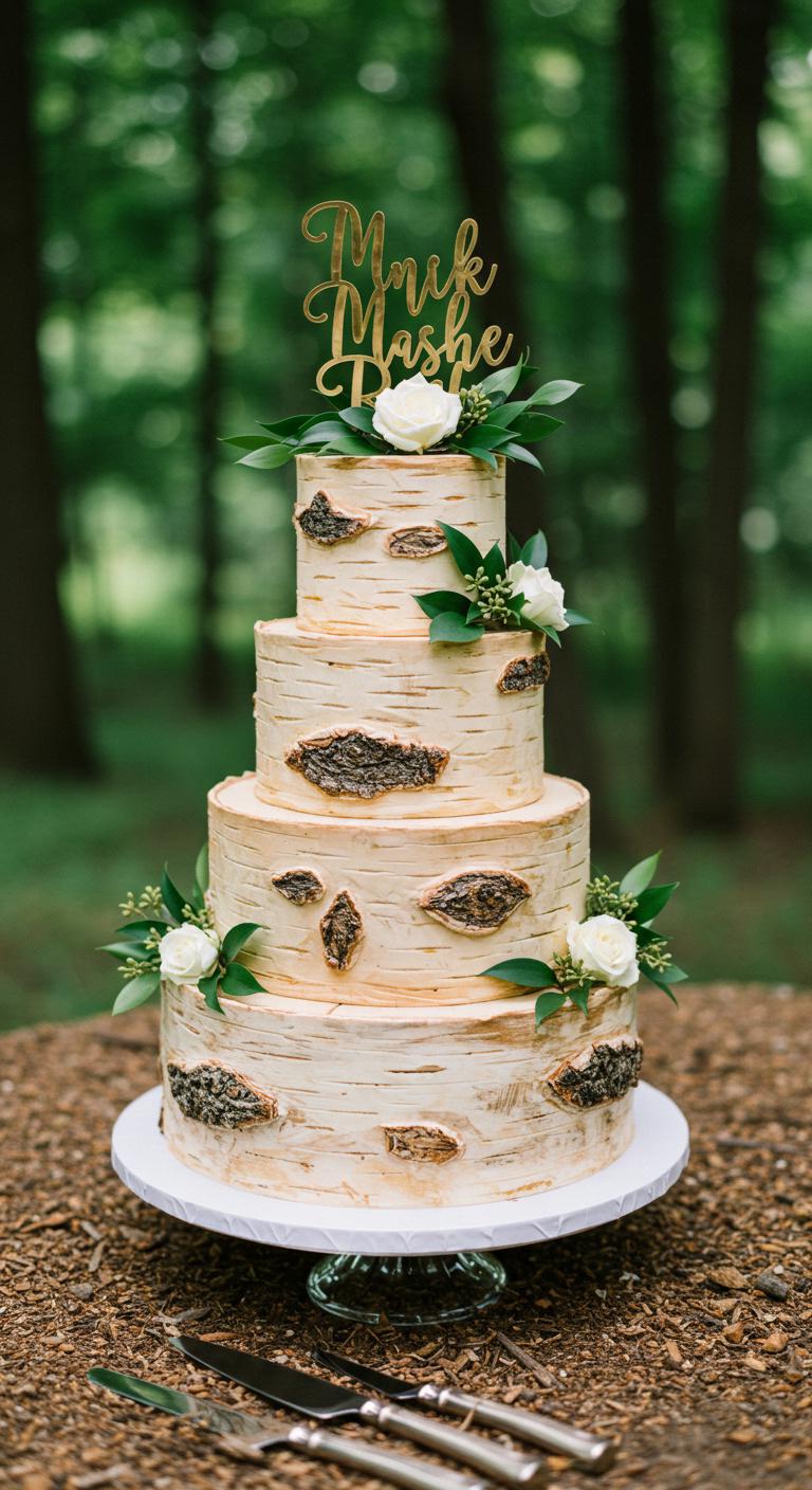 A stunning **birch bark wedding cake** adorned with greenery and delicate florals, set in a serene woodland setting, showcasing an **inviting earthy feel** and embodying **rustic woodsy charm**.