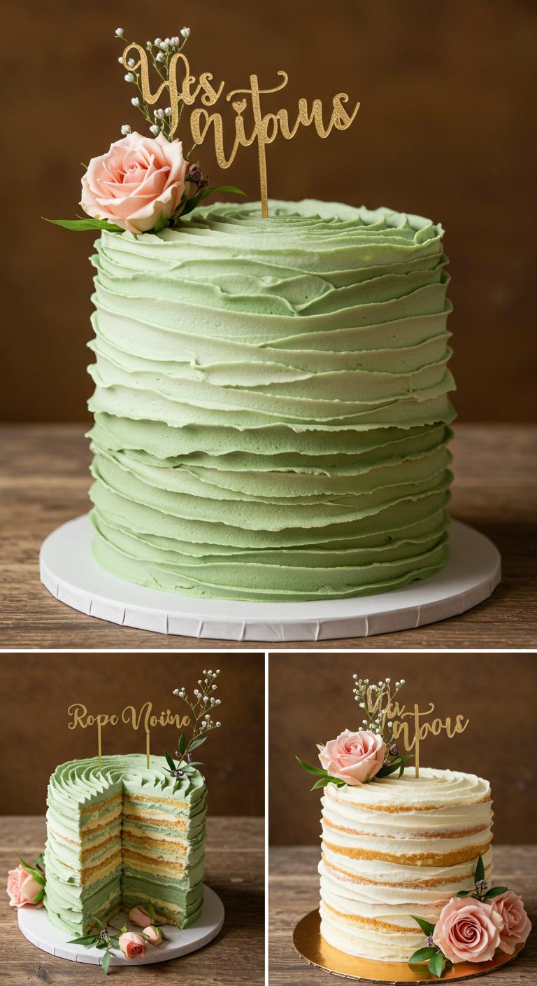 A **rustic wedding cake** featuring layers of **airy chiffon texture**, colored in **soft hues** of sage green and dusty rose. The cake is set in a **warm and inviting environment**, adorned with simple yet charming decorations that evoke a **relaxed ambiance**, perfect for a special day. Fluffy texture and gentle colors should dominate the scene, emphasizing warmth and comfort.