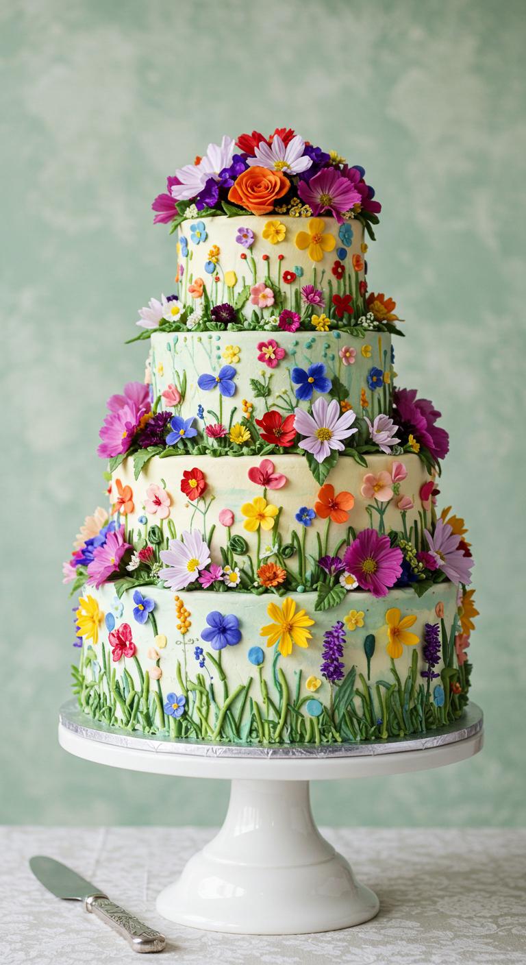 A **whimsical wildflower cake** that appears to be inspired by a **sun-drenched meadow**, adorned with **vibrant wildflowers** in various colors dancing on the cake’s layers. The cake features **artistic decorating** with colorful petals and delicate greens, creating a **breathtaking centerpiece** perfect for a celebration, enchanting every guest.