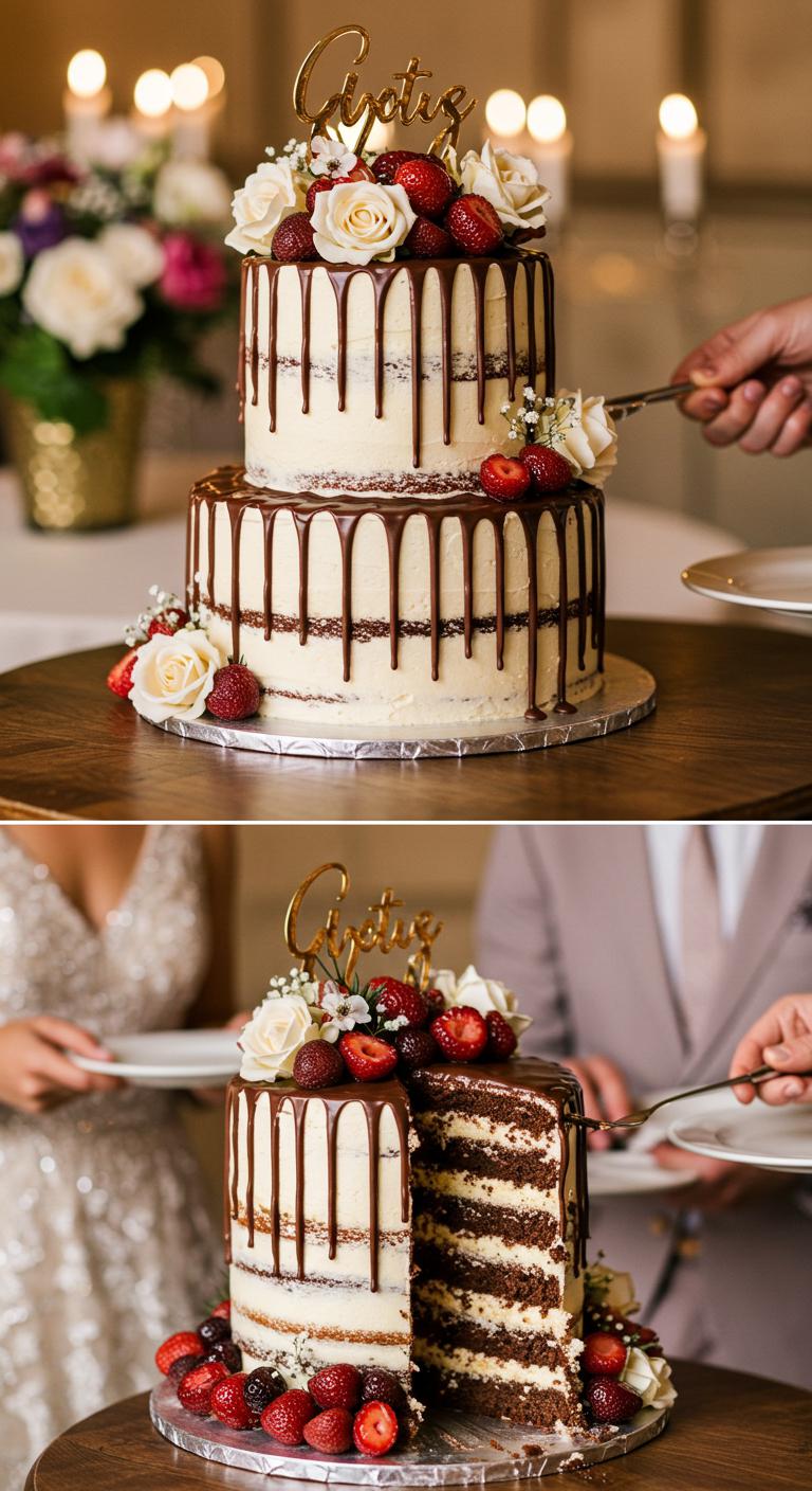 A **stunning wedding cake** draped in **rich chocolate ganache**, with **elegant ganache drips** cascading down the sides. The cake is set against a **romantic and enchanting backdrop**, perhaps adorned with flowers or soft lighting, highlighting its decadent and **captivating allure**. Guests are shown eagerly admiring and savoring their slices, emphasizing the connection between taste and visual beauty.