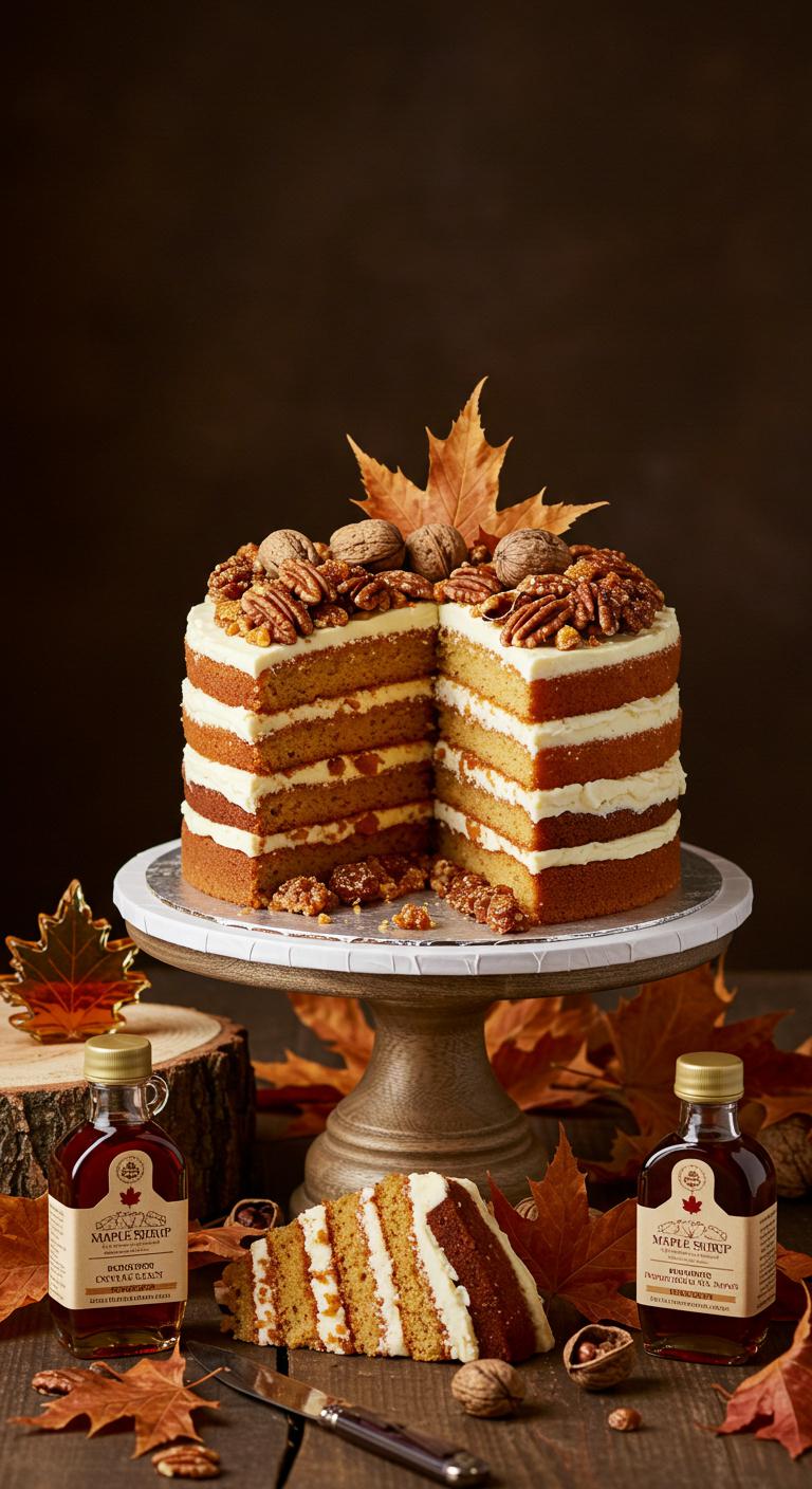 A beautifully decorated **wedding cake** **infused with rich maple syrup**, showcasing layers with **unique flavors**. The cake is adorned with **natural sweeteners**, like nuts and desserts sauces, and surrounded by **regional maple syrup producers**‘ products. The setting captures a rustic yet elegant vibe, highlighting the **enchanting touch** of Canadian maple varieties.