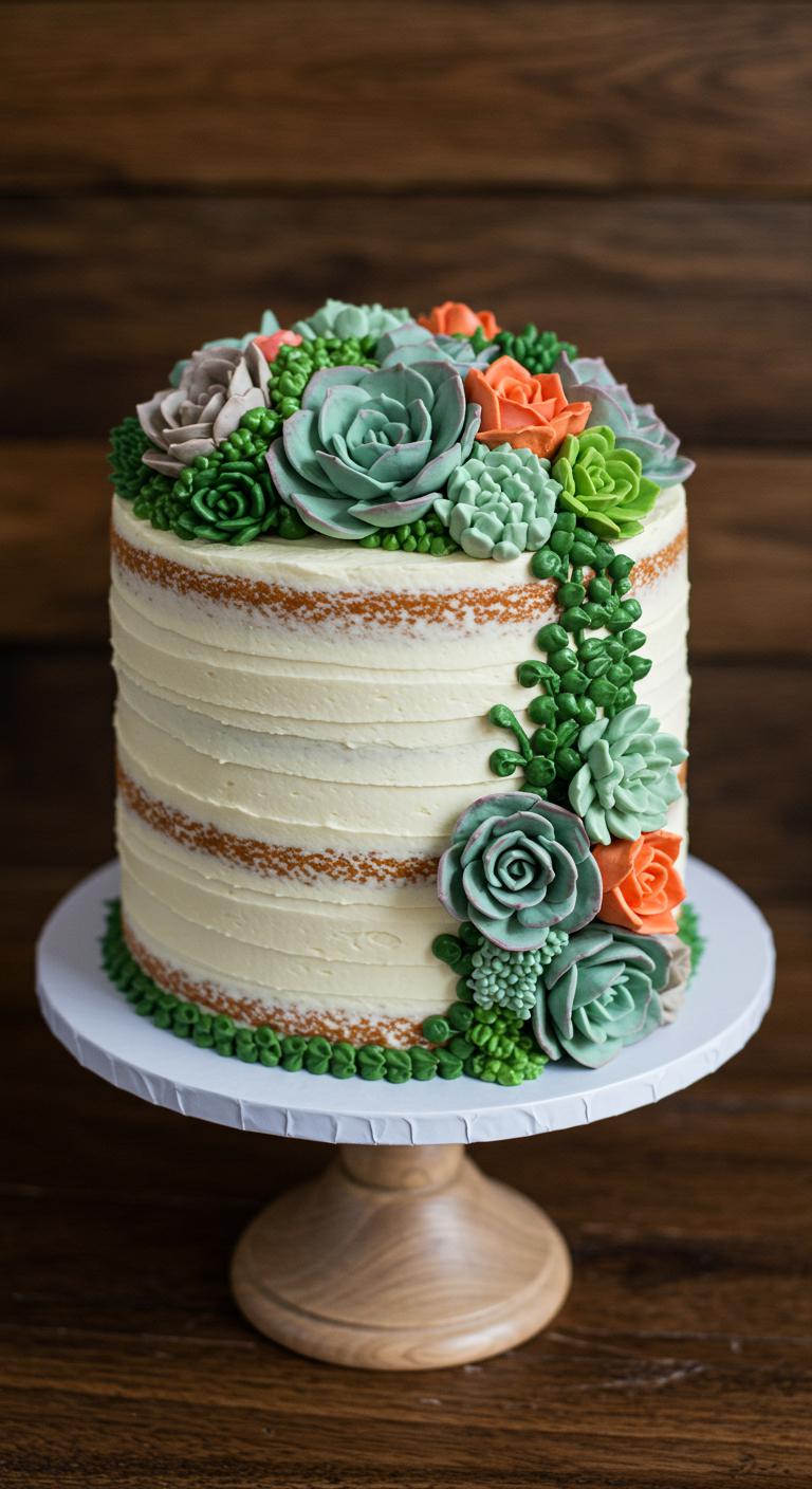 A beautifully decorated **Succulent Garden Cake** featuring **buttercream frosting** adorned with **edible greenery** and vibrant blooms, set against a rustic wooden backdrop. The cake should have intricate succulent arrangements that suggest a garden-inspired theme, capturing **rustic charm** and elegance, ideal for a **wedding day celebration**.
