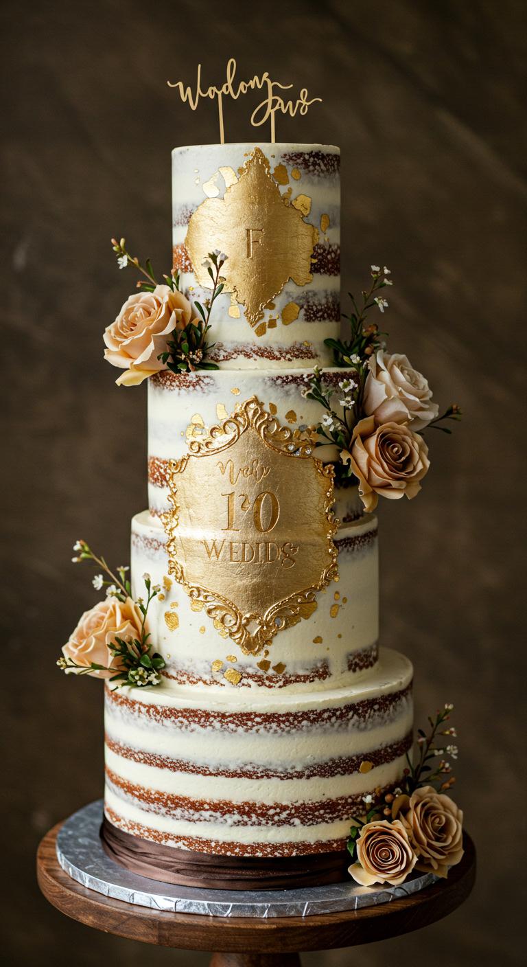 A **rustic wedding cake** adorned with **antique gold accents**, featuring **delicate gold wedding accessories** like textured foil and **intricate cake toppers**. The background showcases a beautifully decorated vintage setting, complementing the enchanting atmosphere with a cohesive aesthetic.
