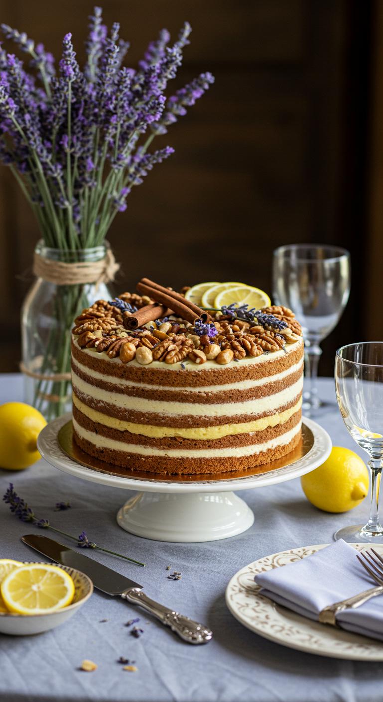 A beautifully designed **wedding cake** featuring layers of **rustic cinnamon spice** and a delicate **lavender-infused layer**, adorned with soft lavender flowers and garnished with **earthy nuts** and **lemon-infused fillings**. The setting includes an elegant table with tasteful decor that complements the floral theme, inviting guests to admire and savor this unique culinary experience.