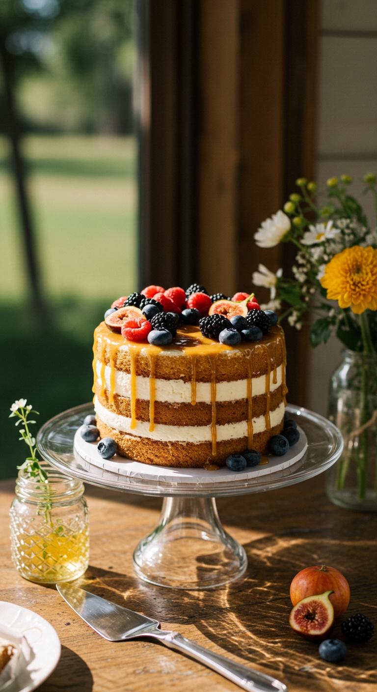 A charming, sunlit homestead wedding scene featuring a stunning **Homestead Honey Cake** as the centerpiece. The cake has **rich, moist layers** with **honey and vanilla** flavors, adorned with **seasonal fruits** and a honey drizzle. The **rustic elegance** of the setting highlights the sweetness and warmth of the occasion.