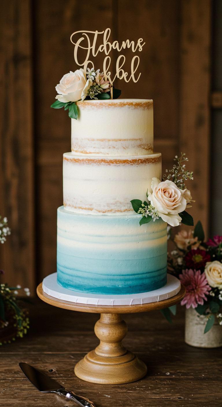 A beautifully designed wedding cake featuring a **subtle ombre effect**, showcasing a **delicate gradient of colors** transitioning smoothly from one hue to another. The cake should be set in a **rustic-themed environment**, surrounded by **natural elements** like flowers and greenery, highlighting the sophistication and **modern twist** of the ombre trend.
