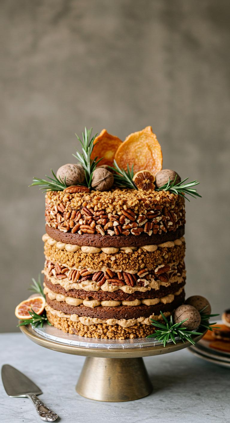 A beautifully designed **wedding cake** adorned with layers of **earthy pecans**, showcasing a **nutty richness**. The cake features a crunchy texture and is complemented by **rustic decor elements**, seasonal ingredients, and **unique toppings** that enhance its visual appeal. The overall presentation aligns with various wedding themes and flavor profiles.