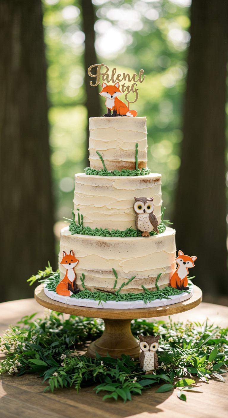 A **whimsical woodland scene** featuring a **charming wedding cake** adorned with **adorable woodland animals** like foxes and owls, surrounded by **lush greenery**. The cake is decorated with **earthy tones and textured frosting**, creating an enchanting atmosphere that captivates guests. Soft sunlight filters through the trees, enhancing the magical feel of the celebration.