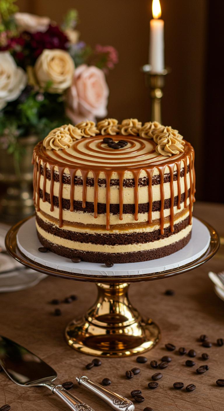 A beautifully decorated wedding cake with layers of **rich espresso** and **velvety caramel**, adorned with **elegant caramel drizzles** and subtle coffee bean decorations. The cake is presented on a stylish cake stand in a cozy, elegantly decorated wedding setting, surrounded by flowers and soft lighting, capturing the essence of a romantic celebration perfect for coffee lovers.