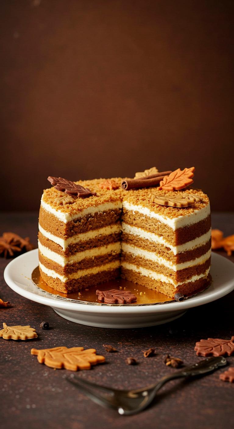 A beautiful **Autumn Harvest Layers cake** with **rich spice blends**, **seasonal flavors**, layered textures, and warm tones. The cake is adorned with **charming leaf decorations** and **rustic accents**, capturing the essence of festive celebrations and autumn colors.
