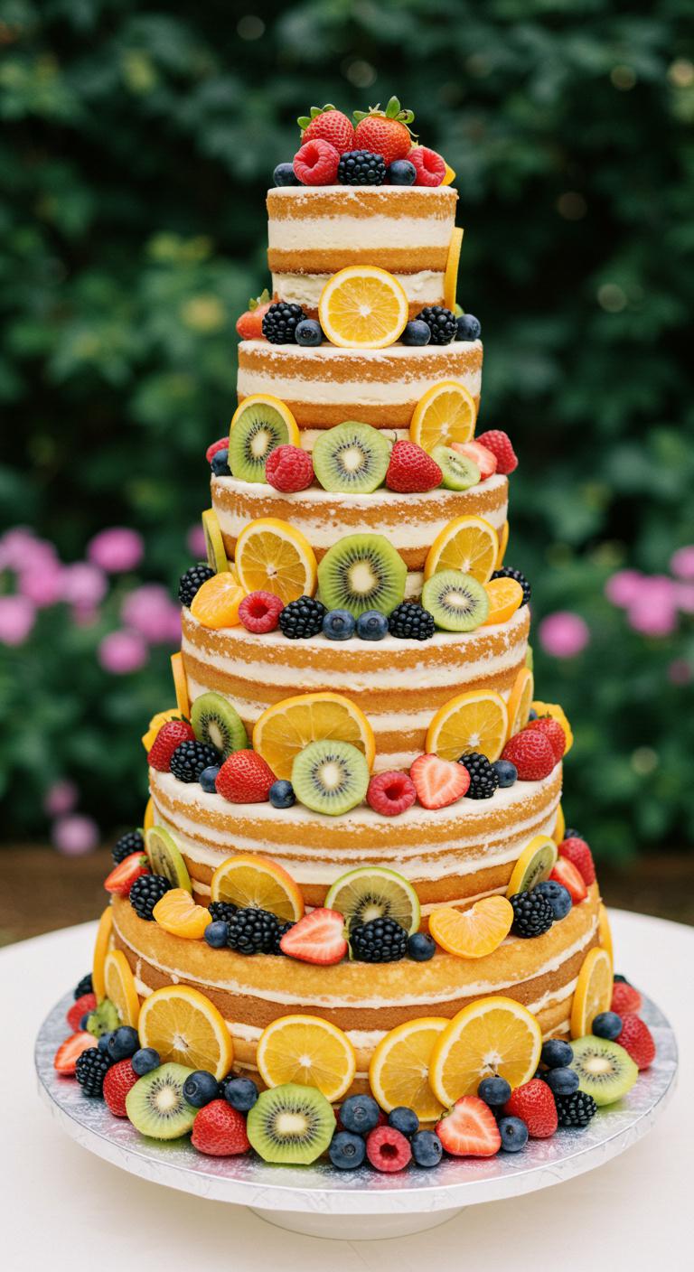 A stunning wedding cake decorated with an array of fresh fruits, including **vibrant berries and citrus slices**, set against a backdrop of a **lush garden**. The cake should be colorful and inviting, embodying the essence of **summer harvest** and **tropical vibes**, showcasing nature’s beauty with bold flavor combinations. Capture the freshness and vivacity of a **Fresh Fruit Extravaganza**.