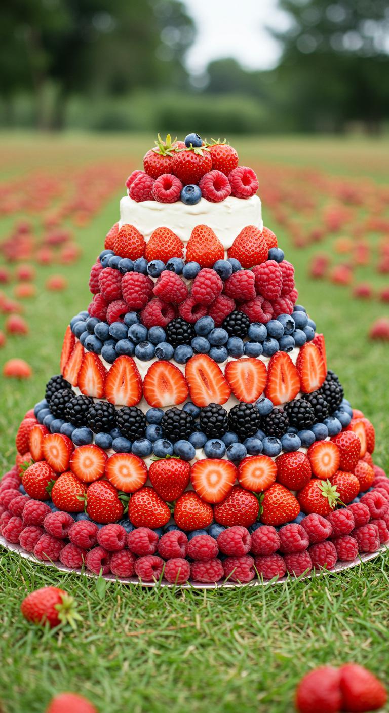 A **charming berry patch** filled with **luscious strawberries**, **plump blueberries**, and **ripe raspberries**, artistically arranged to resemble a delightful wedding cake. The scene should showcase vibrant seasonal varieties of berries, with **thoughtful arrangements** symbolizing love and sweetness. Include elements of **berry photography** that capture the **beauty and taste** of the cake, ensuring the colors and textures of the berries are visually appealing and memorable.