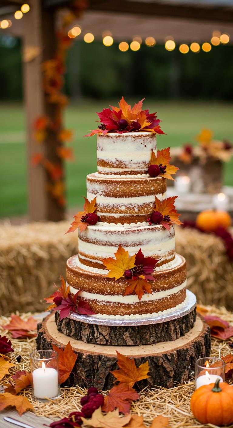 A beautiful **rustic wedding cake** adorned with **vibrant fall foliage** in shades of deep red, orange, and yellow. Surrounding the cake are leaf decorations and rustic centerpieces, with soft candlelight accents creating a **warm and cozy atmosphere**. The **outdoor setting** features hay bale seating and **nature-inspired decor**, perfectly capturing the **essence of autumn themes**.