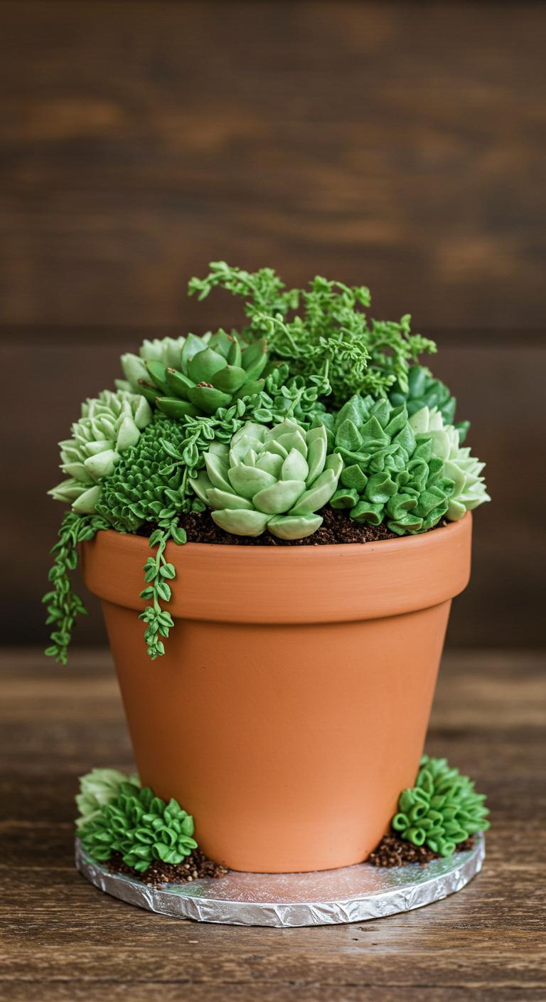 A **beautifully designed** **potted plant cake** resembling a terracotta pot, adorned with **lush green frosting** “plants,” including succulents and vibrant herbs, set against a **rustic wedding backdrop**, showcasing the fusion of nature and **sweet indulgence**.