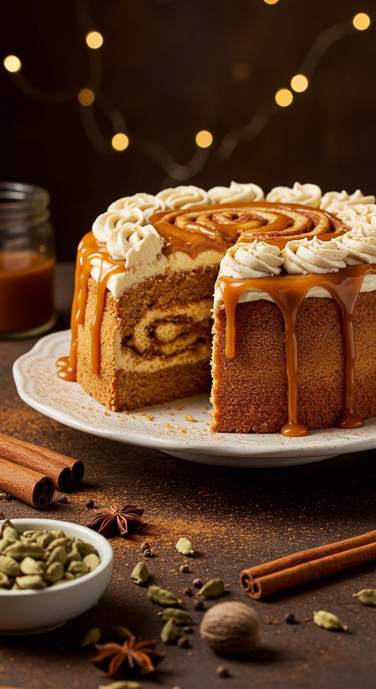 A beautifully presented **Cinnamon Roll Delight** cake, showcasing **warm cinnamon swirls**, decorated with **creamy frosting** and a drizzle of caramel on top. The cake is surrounded by **rustic spices** like nutmeg and cardamom, with a **cozy atmosphere** created by soft lighting and the aroma of cinnamon in the air.