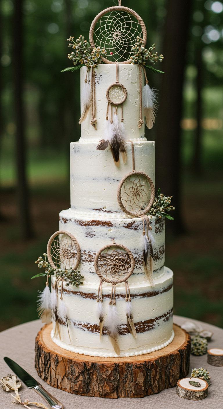 A rustic wedding cake adorned with **handcrafted dreamcatchers**, featuring **earthy tones and natural elements**. The setting includes a **warm and inviting atmosphere** surrounded by nature, symbolizing protection and unity, with elements that reflect a **unique love story and style**.