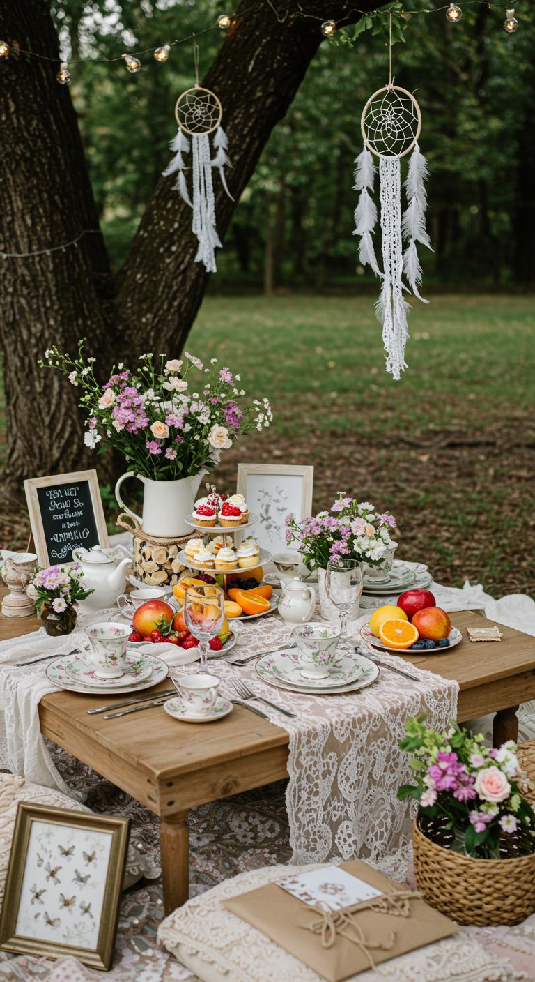 A beautifully set **vintage tea party** scene with **elegant cutlery**, **whimsical floral arrangements**, and dreamcatchers hanging from trees. The table is adorned with an array of desserts paired with seasonal fruits, surrounded by **handcrafted invitations** and creative signage that evoke nostalgia. Soft lighting casts a warm glow over the picnic setting, enhancing the enchanting atmosphere of the celebration.