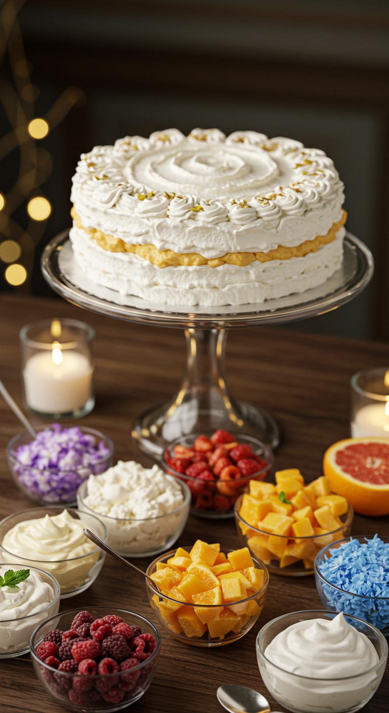 A **beautifully decorated cake** topped with a fluffy layer of whipped cream in various flavors, such as classic vanilla and rich chocolate. Surrounding the cake are small bowls of **whipped cream alternatives** like **coconut cream** and **aquafaba**, showcasing an array of **fresh fruits** and edible flowers for a **whimsical wedding celebration**. Soft lighting enhances the romantic ambiance.