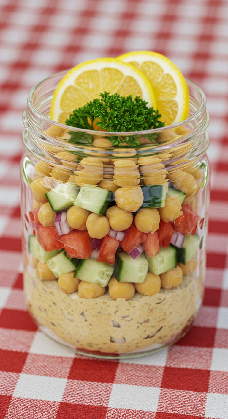 A jar filled with layered crunchy chickpea salad, featuring chickpeas, diced cucumbers, tomatoes, red onions, and fresh parsley, topped with lemon wedges on a picnic blanket.