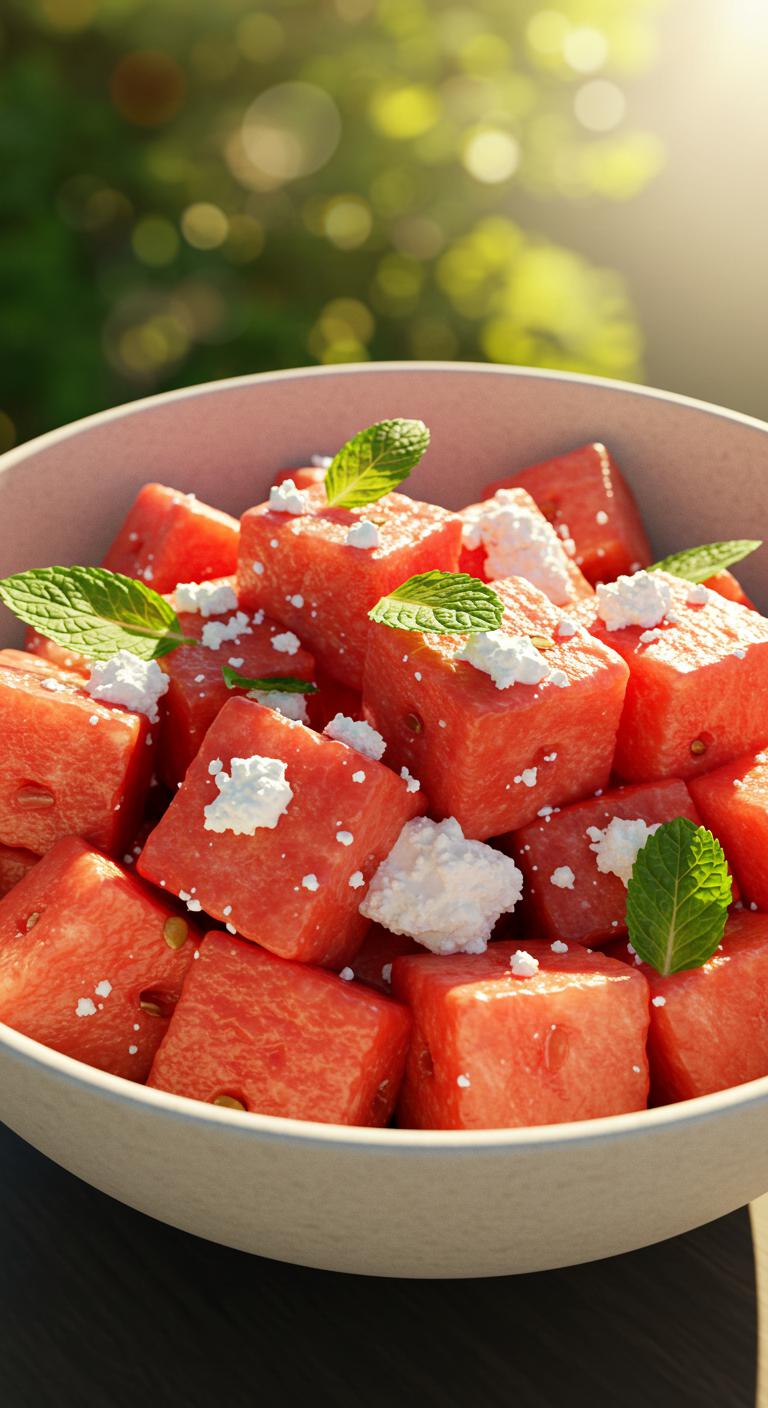 A bowl of watermelon cubes mixed with crumbled feta cheese and fresh mint leaves, glistening under natural sunlight.