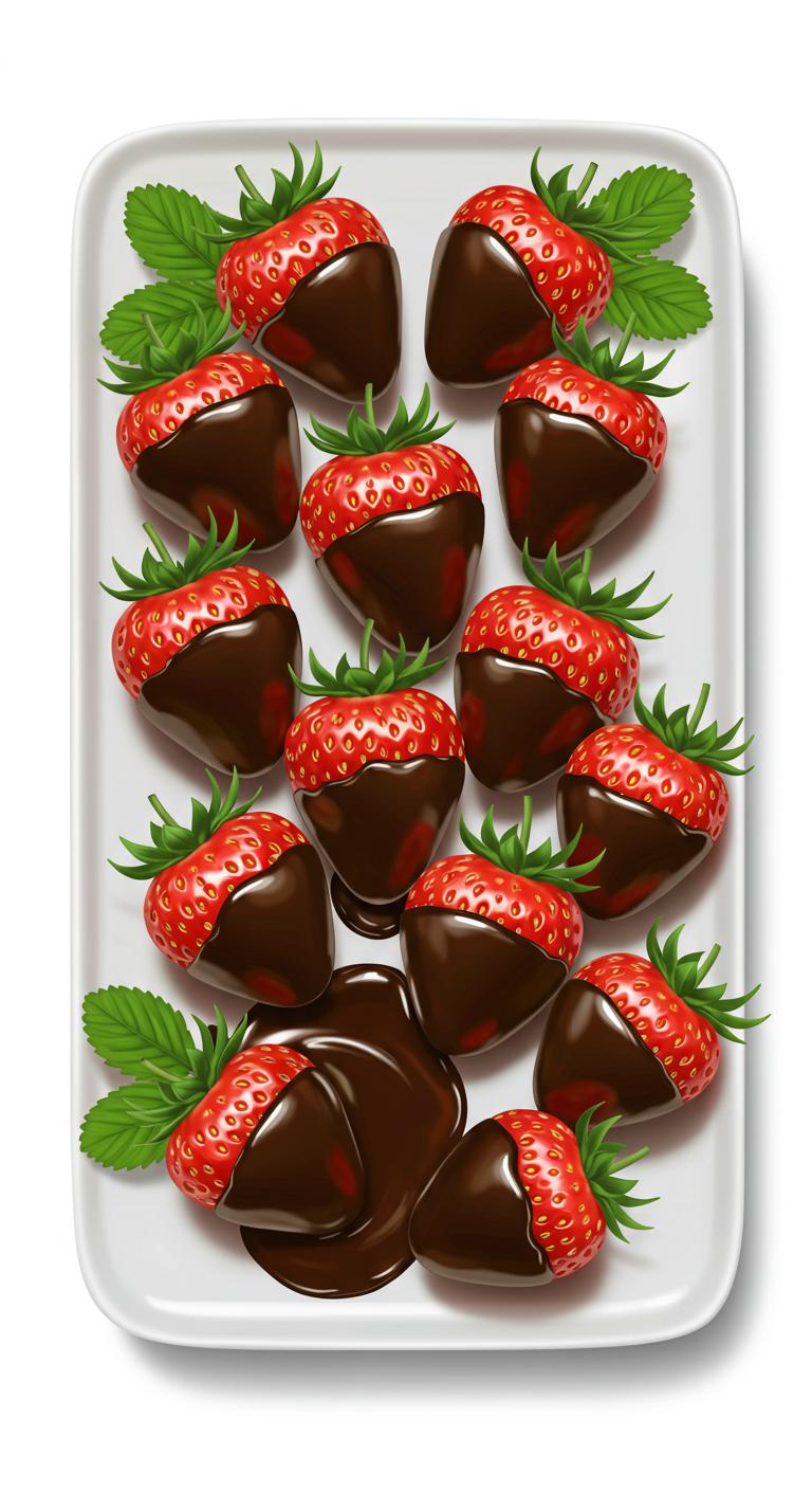 Fresh strawberries dipped halfway in melted chocolate, arranged neatly on a white plate with green leaves as decoration.