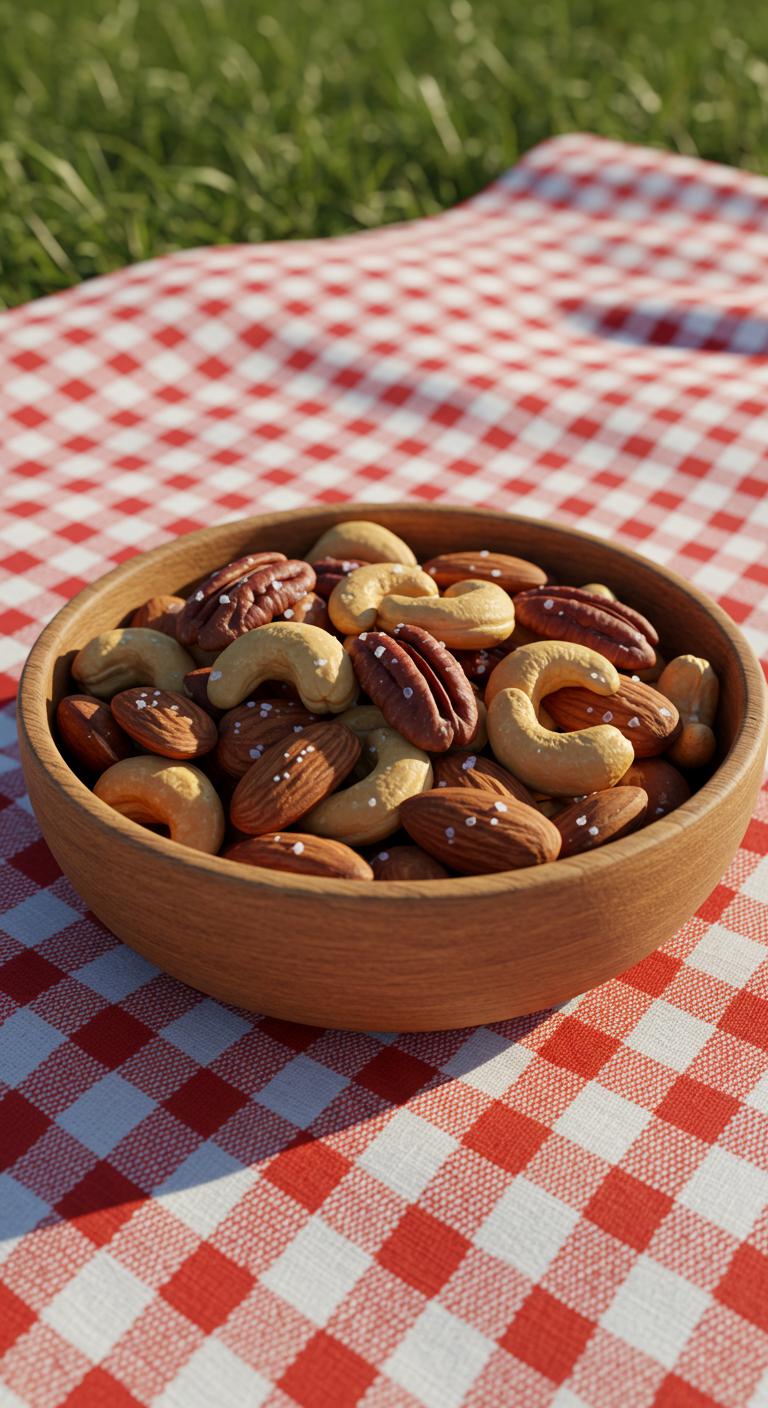 A rustic bowl filled with a mix of roasted almonds, cashews, and pecans lightly dusted with sea salt, resting on a picnic blanket.