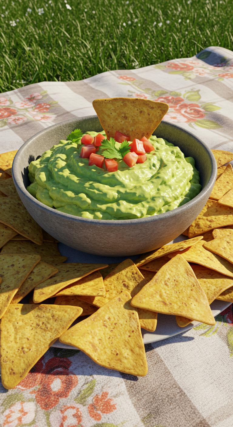 A bowl of creamy guacamole sprinkled with chopped tomatoes and cilantro, surrounded by golden tortilla chips on a picnic blanket.