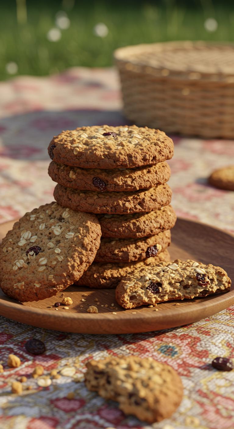 A stack of chewy oatmeal raisin cookies on a rustic plate, with crumbs scattered around on a picnic blanket.