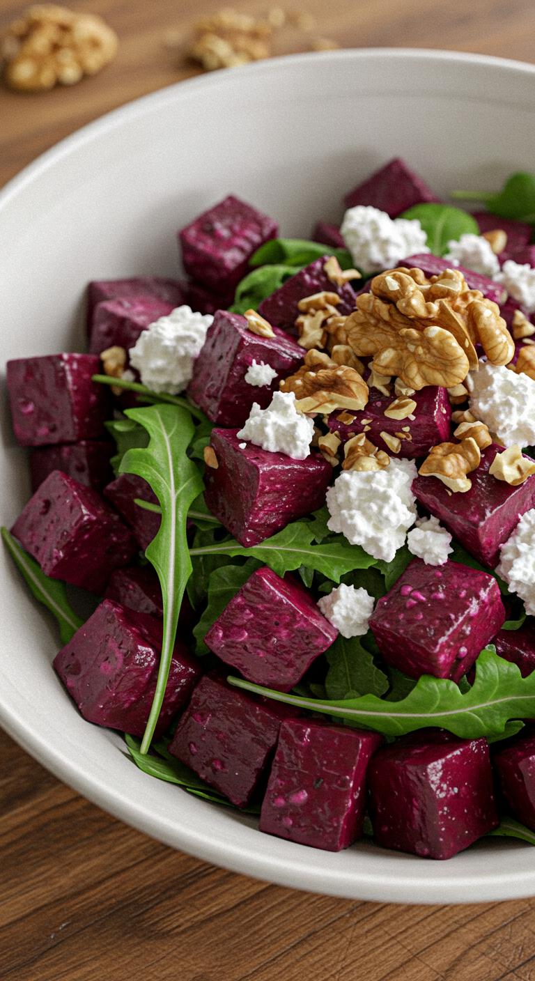 A bowl of roasted beetroot cubes mixed with crumbled goat cheese and arugula, garnished with walnuts.