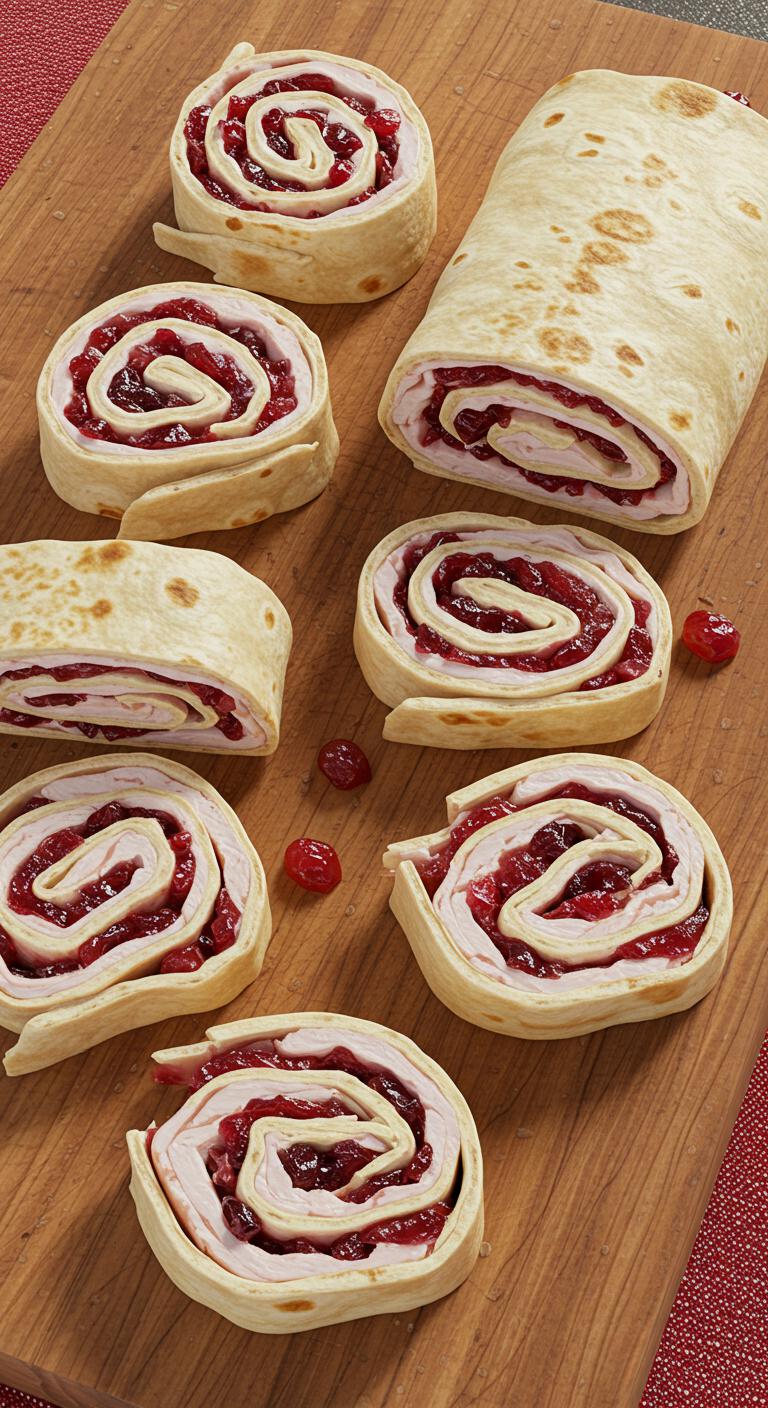 Sliced turkey and cranberry sauce rolled in a tortilla, cut into pinwheel shapes and arranged on a wooden board.