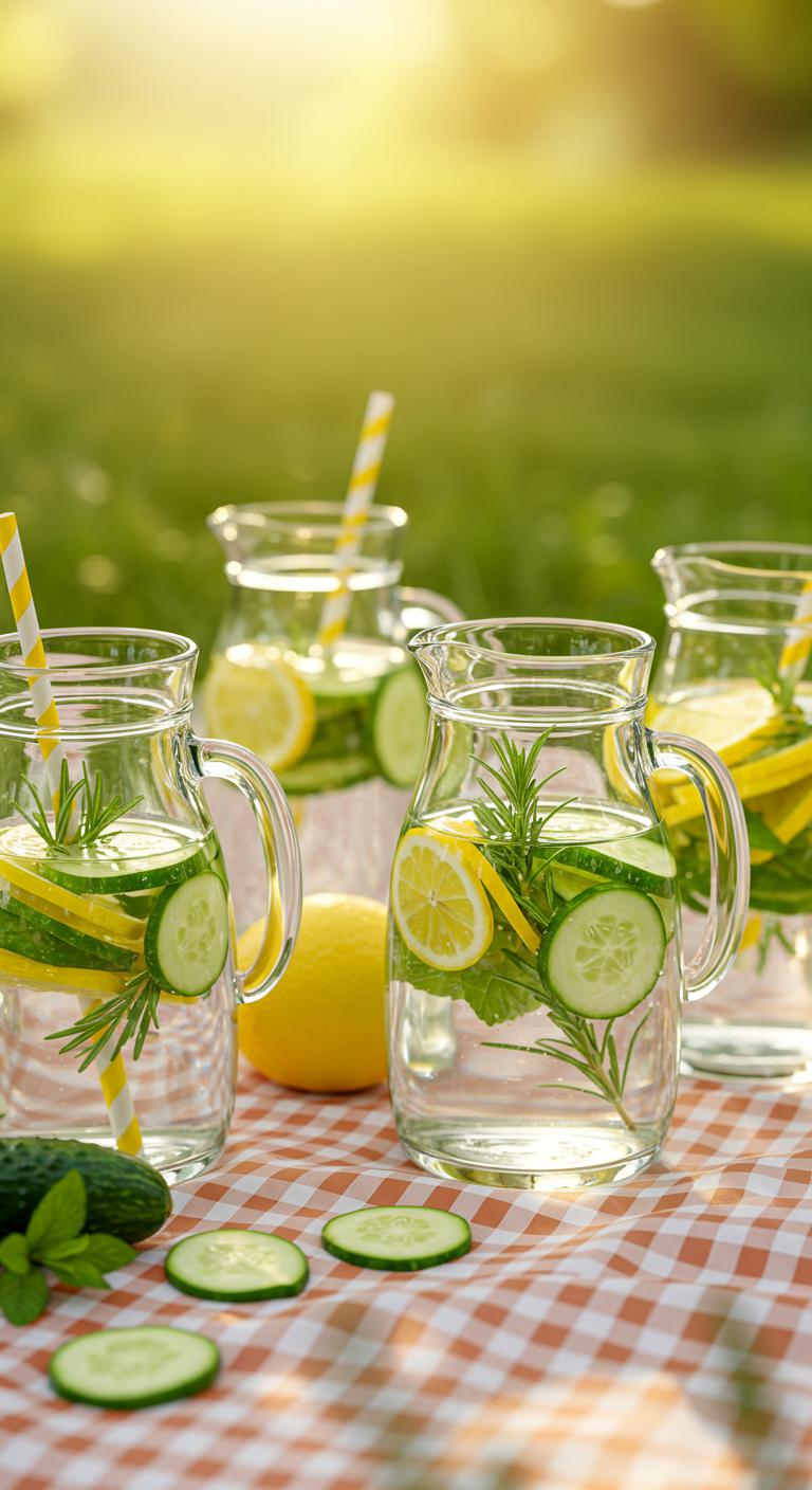 Clear glass jugs filled with water infused with slices of cucumber, lemon, and sprigs of fresh herbs like mint and rosemary, on a picnic blanket.