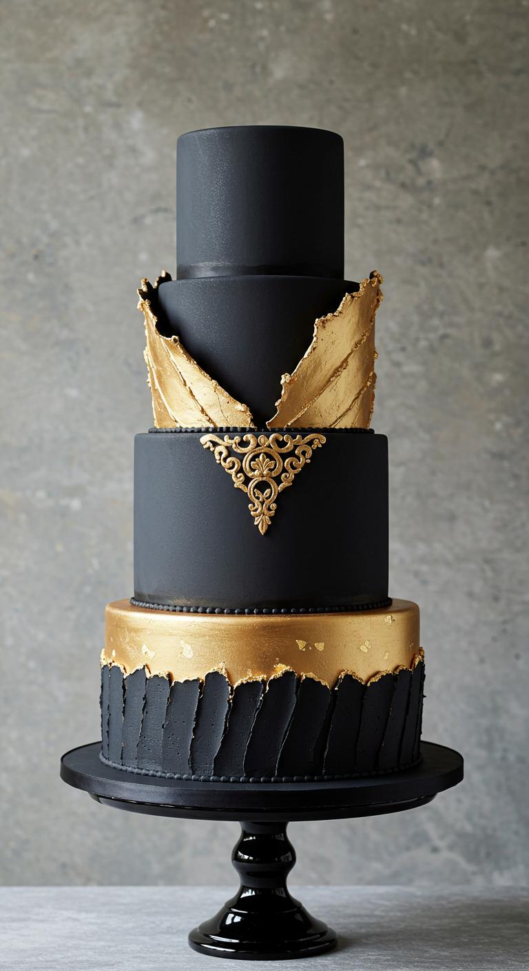 A luxurious cake design featuring a bold black and gold color scheme. The cake showcases a **striking contrast** with **intricate gold leaf accents** and rich textures. The overall presentation is opulent and elegant, perfect for a wedding setting, capturing guests’ attention and creating stunning photo opportunities. The background should complement the cake’s grandeur, emphasizing its lavish details.
