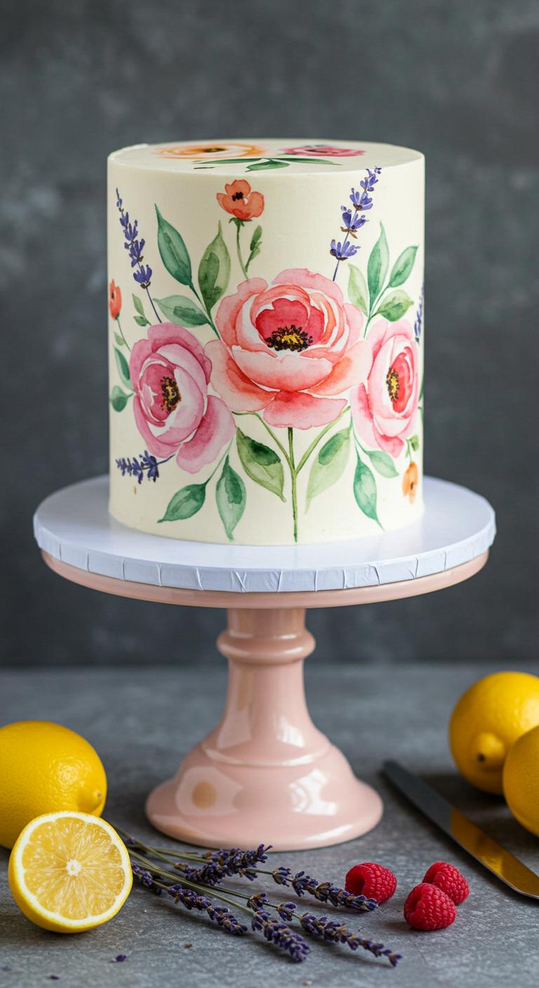 A **beautifully decorated cake** featuring **watercolor floral designs** in **soft pastels**, surrounded by **lemon and lavender** sprigs, with **raspberry and vanilla** accents. The cake should appear artistic and enticing, showcasing the vibrant colors and delicate details of the floral decorations. The setting should be elegant, emphasizing the cake as a centerpiece that’s both visually stunning and appetizing.