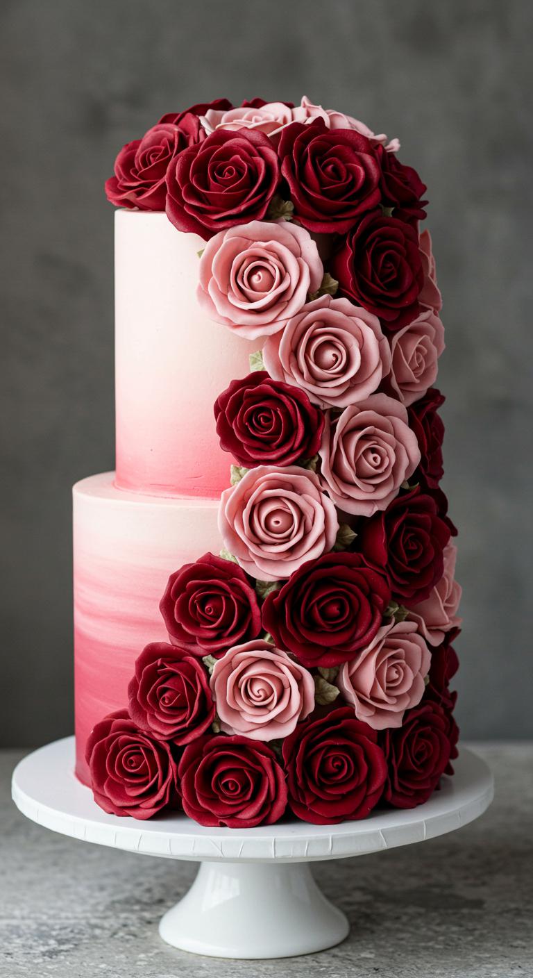 A beautifully designed cake showcasing an **Elegant Rose Cascade**, featuring a **dramatic yet romantic** combination of **deep reds and soft pinks**. The cake should display **intricate rose texture techniques** that resemble real blooms, capturing the artistry and elegance of floral designs. The overall presentation should evoke a sense of **sophistication and celebration**, perfect for any special occasion.
