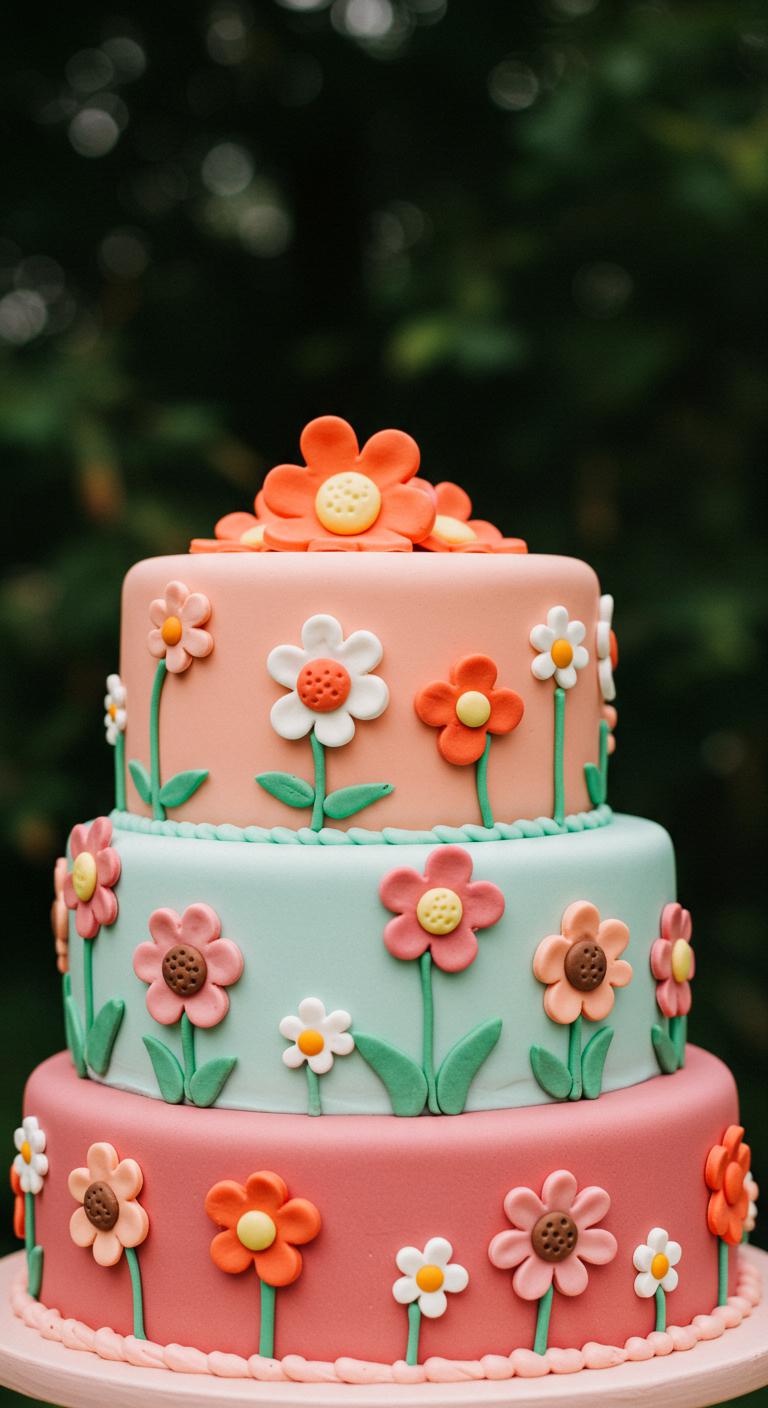 A vibrant cake decorated with layers showcasing whimsical wildflowers in various playful colors and shapes, featuring fondant or icing designs that symbolize **joy, love, and resilience**, set against a nature-inspired backdrop. The scene conveys a cheerful and celebratory atmosphere, perfect for any joyous occasion.