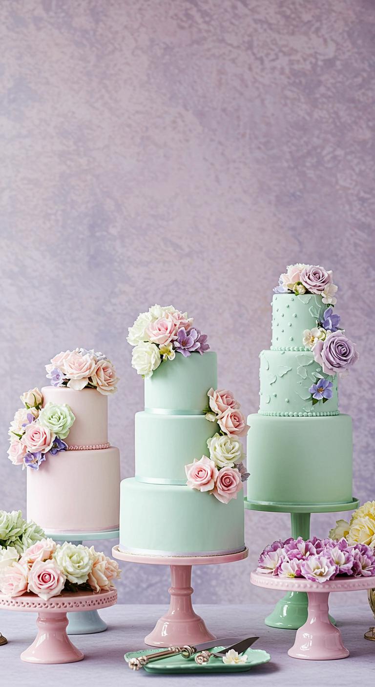 A dreamy cake display featuring pastel-colored cakes adorned with delicate flowers in shades of blush pink, mint green, and lavender. The setting exudes **softness and charm**, perfect for a whimsical celebration or an intimate gathering, with a background that adds to the ethereal atmosphere.
