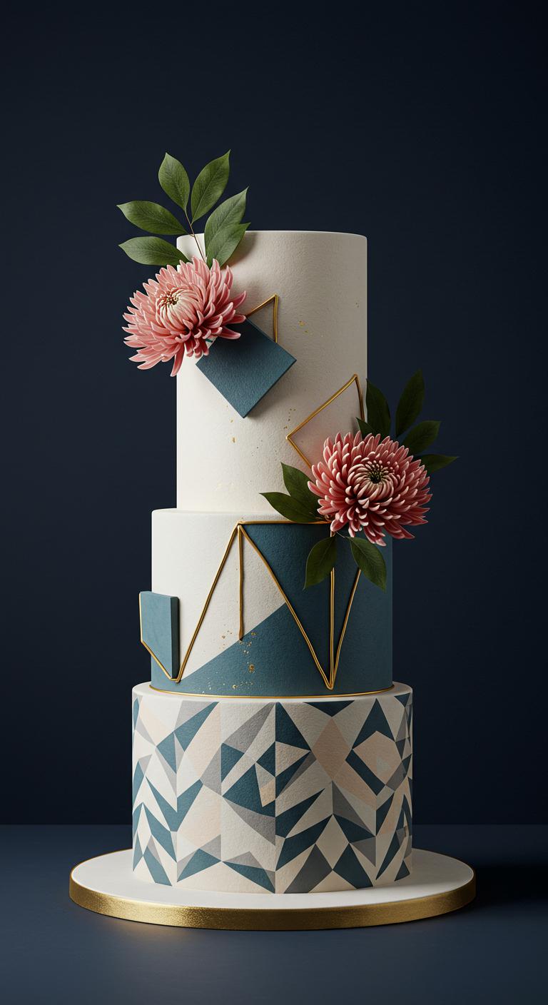 A visually striking cake design featuring a blend of **bold geometric patterns** and angular arrangements, interspersed with intricate floral elements. The cake should showcase a harmonious balance between **structured elegance** and **organic beauty**, highlighting **floral symmetry** and contrasting colors. **Modern aesthetics** meet **minimalist geometry**, creating an enchanting visual that captivates the viewer. The background should have a contemporary and sleek look to emphasize the cake’s design.