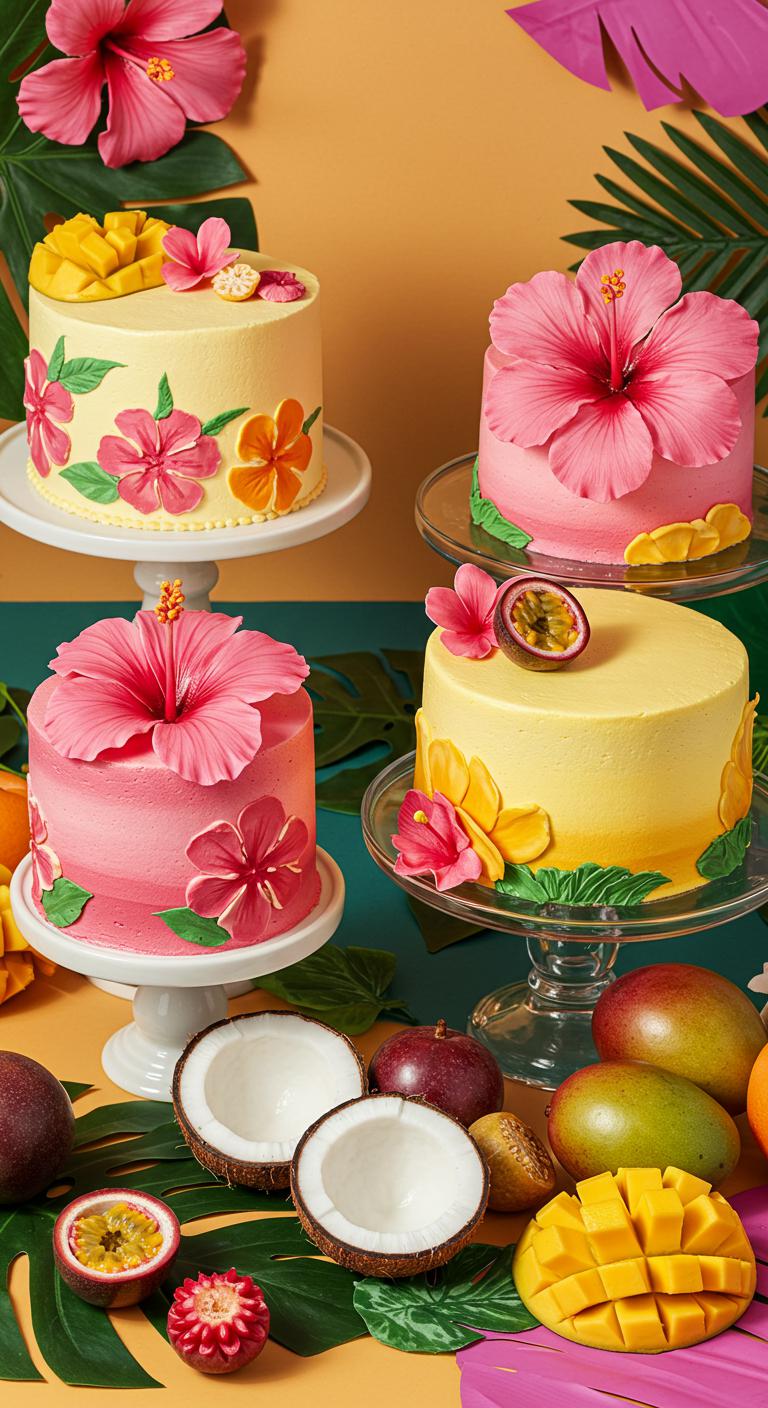 A **vibrant paradise scene** featuring cakes that resemble **tropical blooms**, with **bold color combinations** of hibiscus pinks and vibrant yellows. The cakes are artistically decorated with **tropical motifs** and surrounded by fruits like coconut, passionfruit, and mango. The setting is festive, perfect for a **joyful celebration**, with a bright and colorful atmosphere.