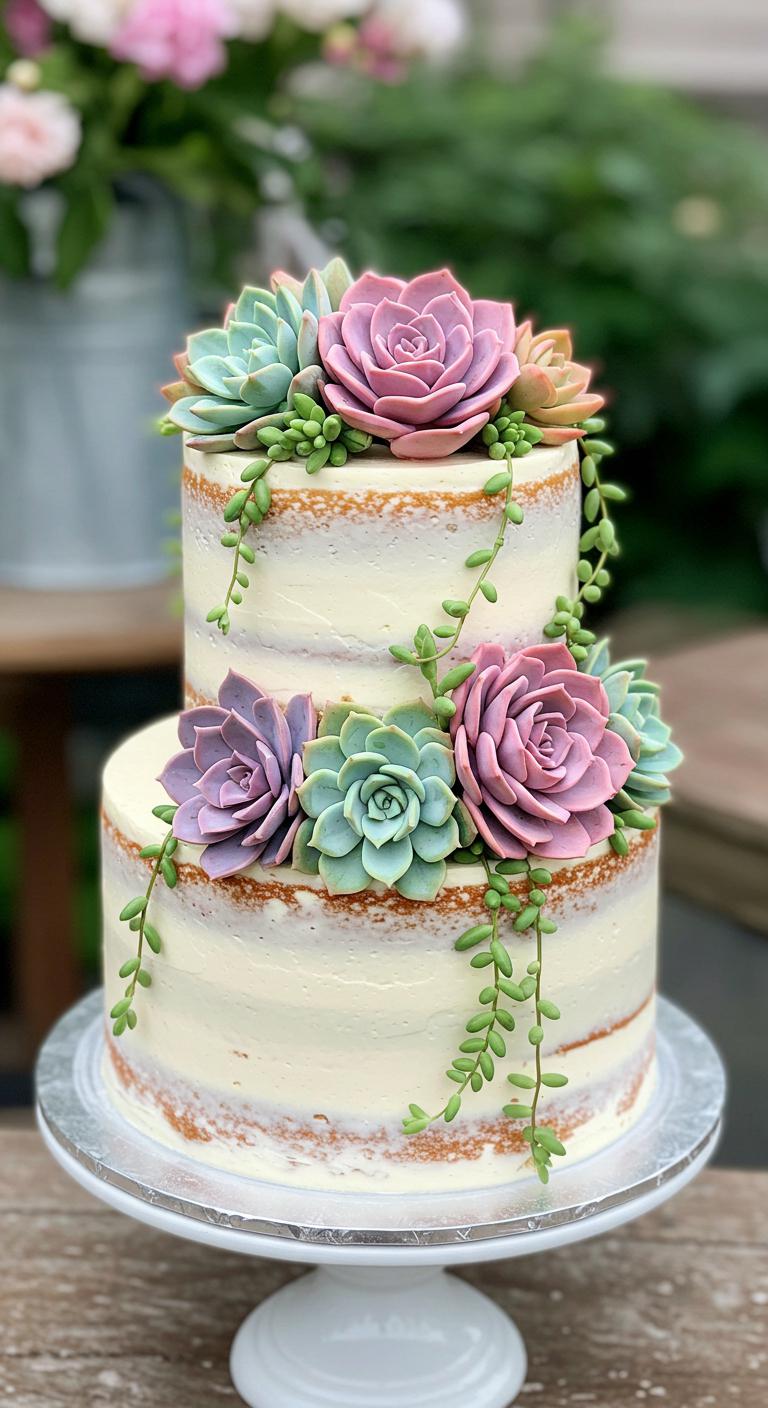 A **beautiful cake** decorated with an arrangement of **diverse succulents**, featuring **vibrant hues** and soft pastels, set against a **rustic garden party** backdrop. The scene showcases the depth and texture of rosettes and trailing vines, highlighting the cake as the **stunning centerpiece** for a festive occasion.