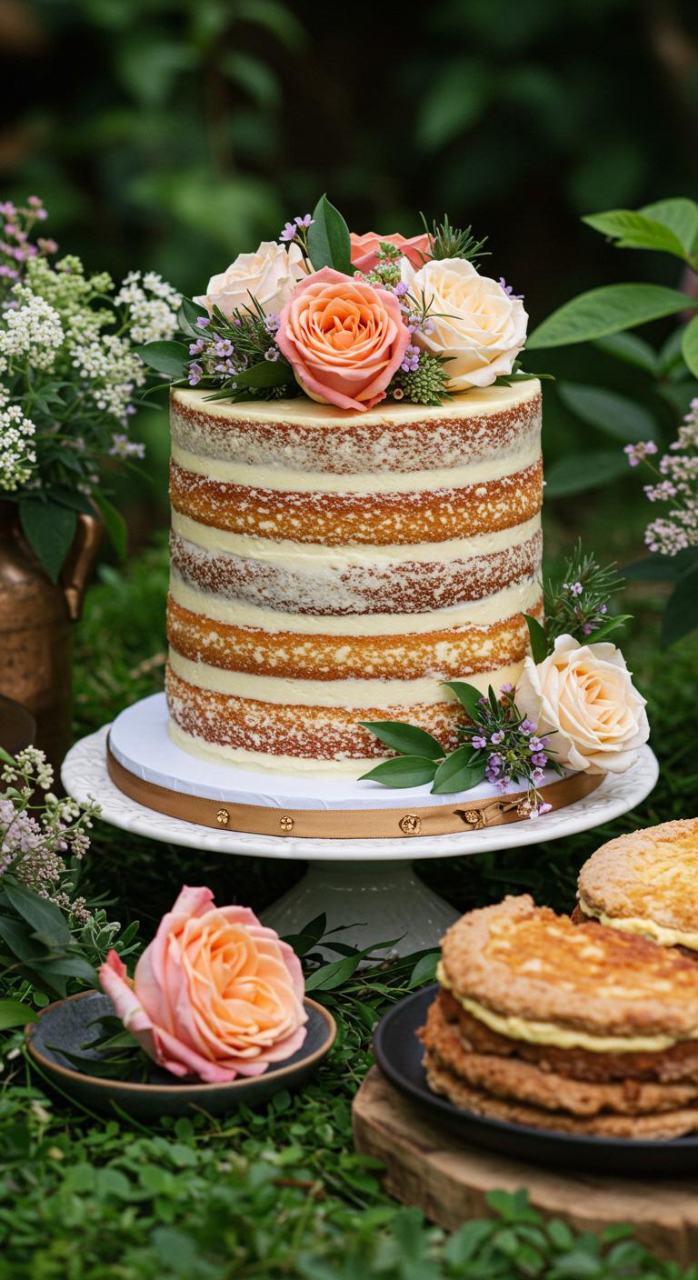 A beautifully decorated rustic cake featuring **delicate edible flowers**, **earthy tones**, and **whimsical greenery**, set in a lush garden with natural elements like plants and flowers surrounding it, creating a warm and **inviting atmosphere** for a garden party.