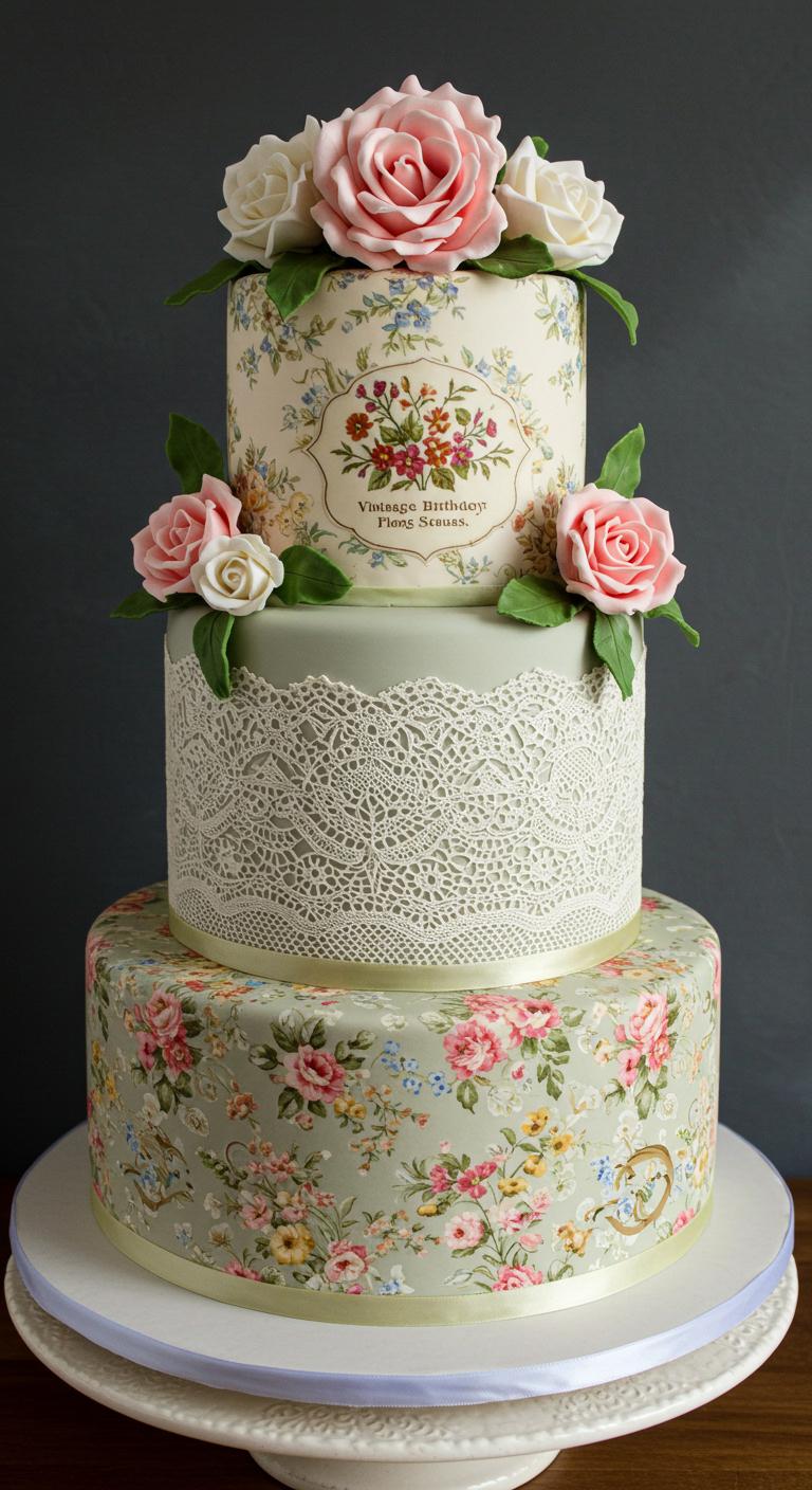 A beautifully decorated vintage cake adorned with **delicate lace detailing** and heritage floral designs in classic colorways. The cake features **nostalgic blooms**, vintage patterns, and **rustic charm**, exuding antique elegance. Botanical prints are artistically included, making the cake a visual tribute to **timeless beauty**.