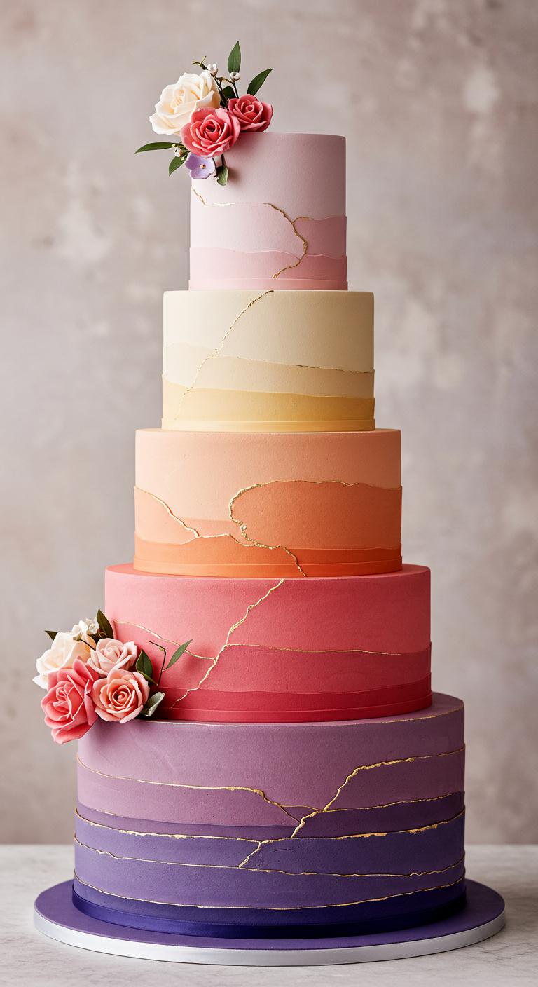 A stunning multi-tier cake showcasing ombre techniques with **vibrant hues** transitioning smoothly between colors, adorned with **delicate floral accents**, including **elegant blossoms** on each layer. The cake is set against a soft, dreamy backdrop, highlighting its beauty as a centerpiece for a celebration.