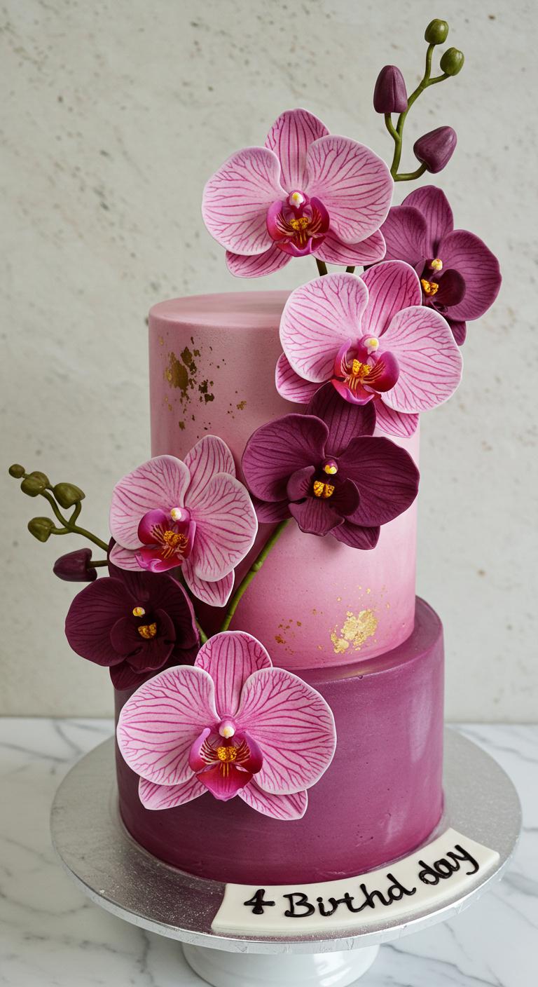 A beautifully decorated cake featuring a variety of exotic orchids in stunning colors like deep purples and bright pinks, creating an elegant and captivating display that combines nature’s beauty with a celebratory theme.