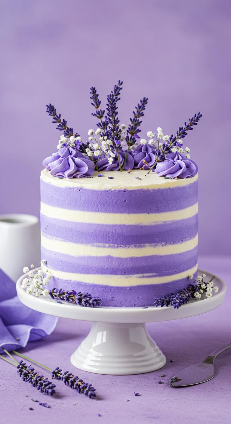 A **beautifully decorated cake** with **lavender layers**, adorned with fresh lavender sprigs and delicate floral accents. The cake is styled to showcase vibrant colors and textures, inviting a sense of calm and elegance. A soft, dreamy background enhances the **aromatic experience** of the lavender.