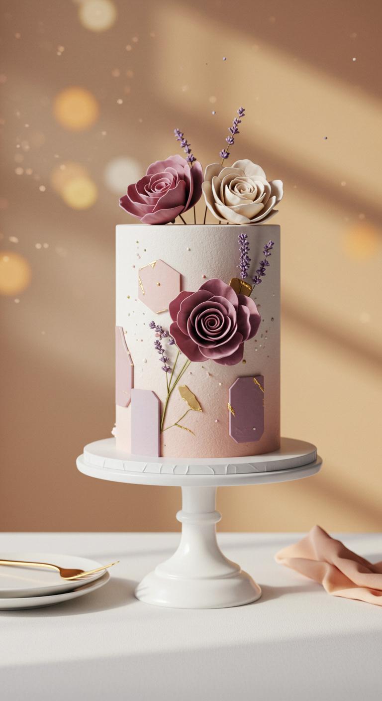 A modern cake design adorned with minimalist floral arrangements featuring **unique shapes** and **subtle color palettes**, emphasizing simplicity and elegance in a contemporary celebration setting.