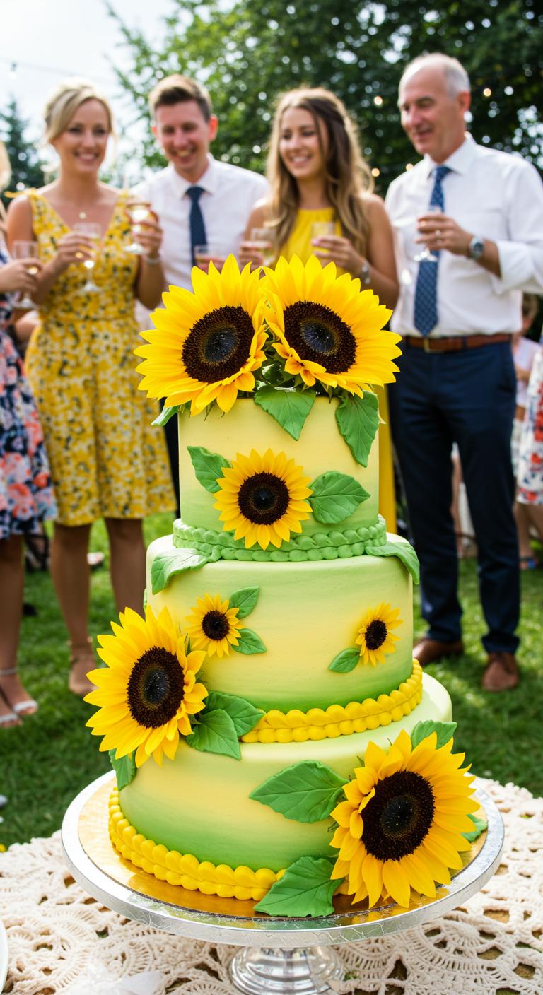 A **beautifully decorated cake** featuring a **bright sunflower design**, showcasing **vibrant yellows and earthy greens**. The cake is set in a sunny outdoor setting, surrounded by **cheerful guests** at a summer gathering or wedding celebration, embodying the essence of **happiness and warmth**. The sunflowers are prominently displayed, adding a joyful touch to the scene.