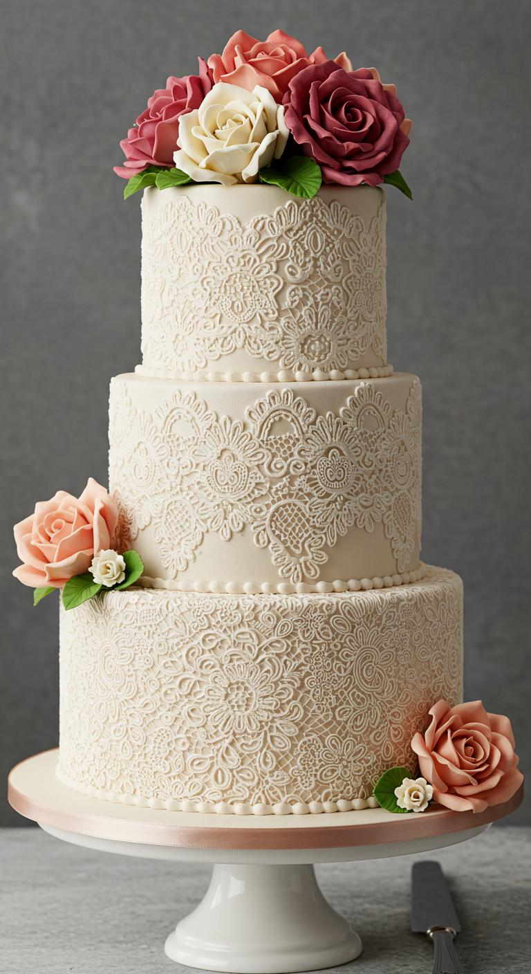 A **beautifully decorated cake** adorned with **intricate lace patterns** and **delicate flowers**, showcasing elegance and sophistication. The cake features stunning lace techniques that resemble real lace, with vibrant flowers strategically placed to convey **floral symbolism**, enhancing the aesthetic and meaning of the design. The overall presentation is captivating, perfect for a **formal event**.