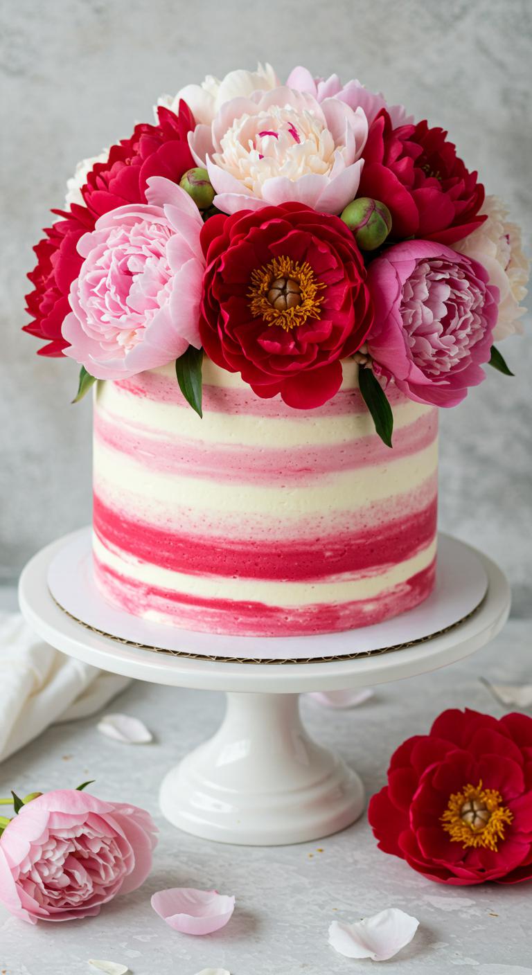A beautifully designed cake featuring an explosion of vibrant peony flowers in soft pinks, bold reds, and delicate whites, layered with **fluffy frosting**. The cake should showcase **stunning peony textures** that create depth and elegance, serving as a **breathtaking centerpiece** for a romantic celebration.